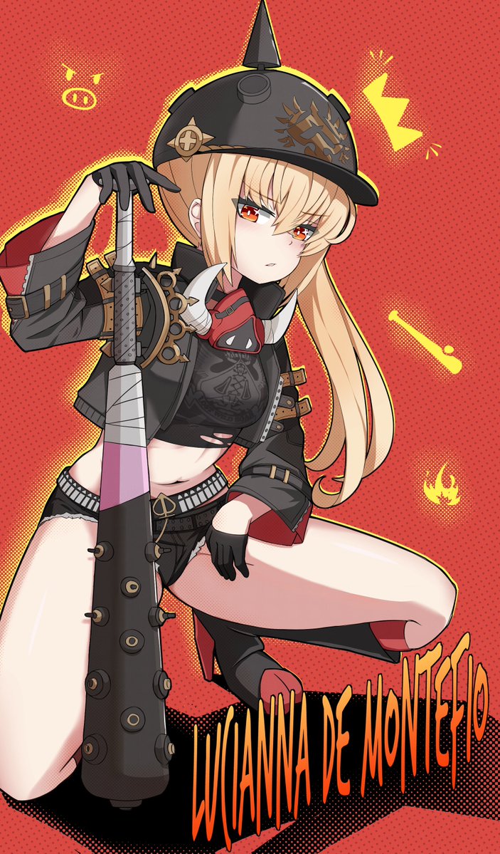 1girl, akaruii_31, baseball_bat, black_boots, black_gloves, black_helmet, black_jacket, black_shorts, blonde_hair, boots, character_name, gloves, hair_between_eyes, helmet, jacket, long_hair, looking_at_viewer, luciana_de_montefio, midriff, navel, open_clothes, open_jacket, red_eyes, short_shorts, shorts, sidelocks, solo, v-shaped_eyebrows, zenless_zone_zero