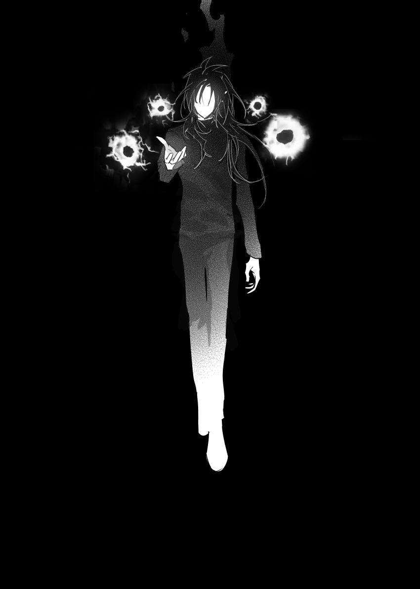 1boy, absurdres, black_background, faceless, facing_viewer, full_body, greyscale, hand_up