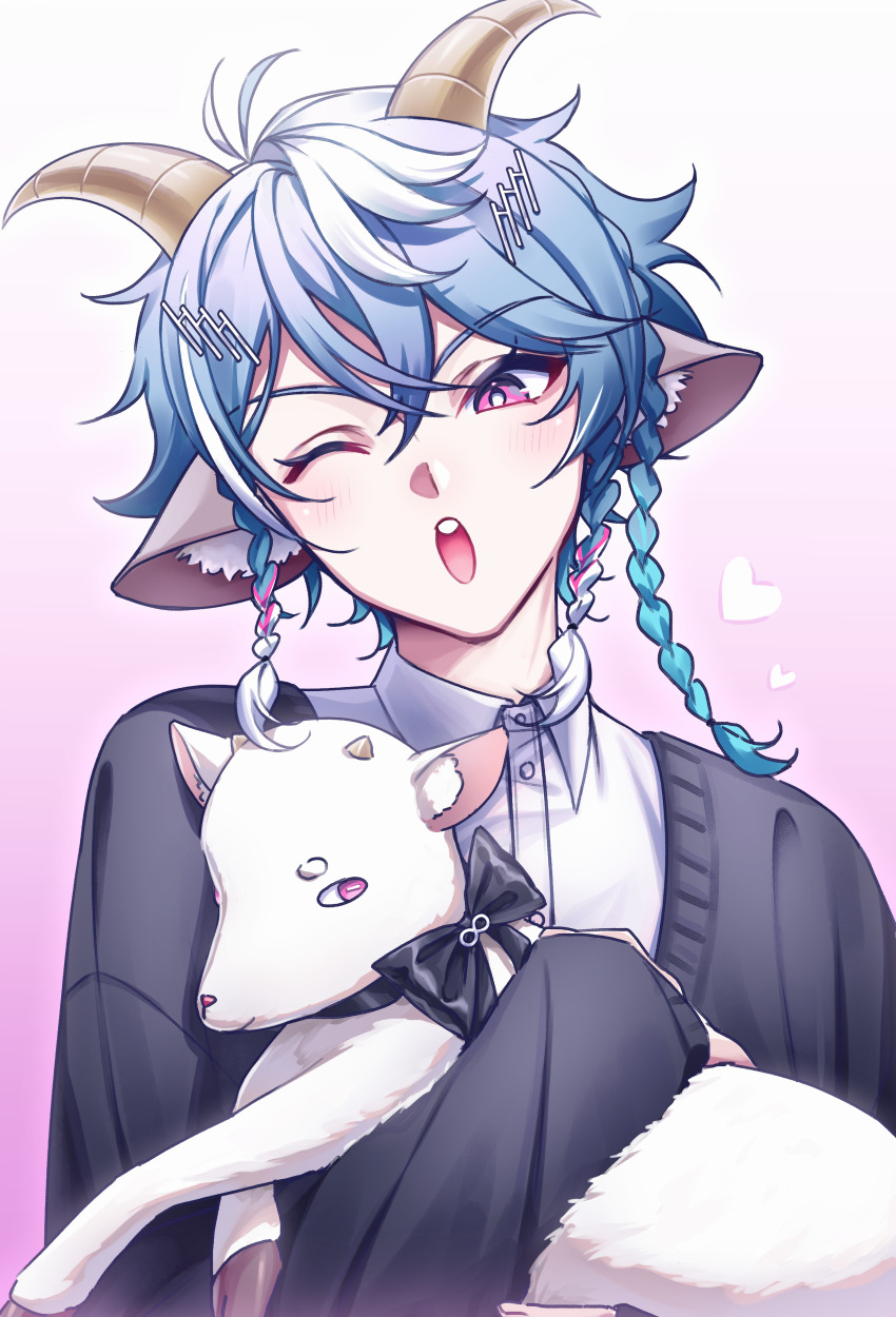 1boy, absurdres, animal_ears, bishounen, blue_hair, braid, commentary, english_commentary