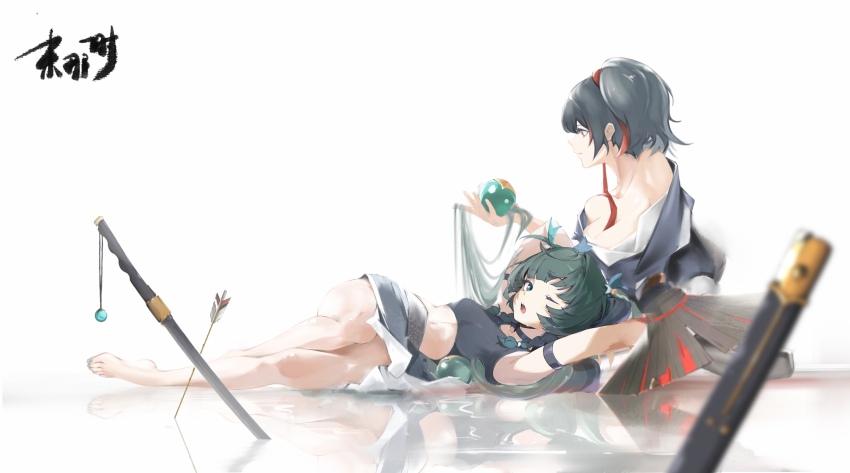 2girls, absurdres, alternate_costume, android, bare_legs, barefoot, black_hair, blunt_bangs
