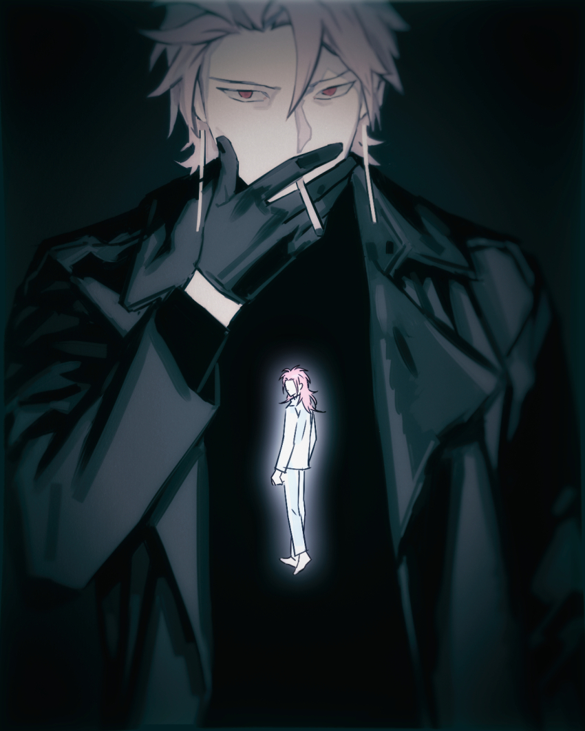 2boys, black_background, black_gloves, black_jacket, black_shirt, cigarette, earrings, gloves