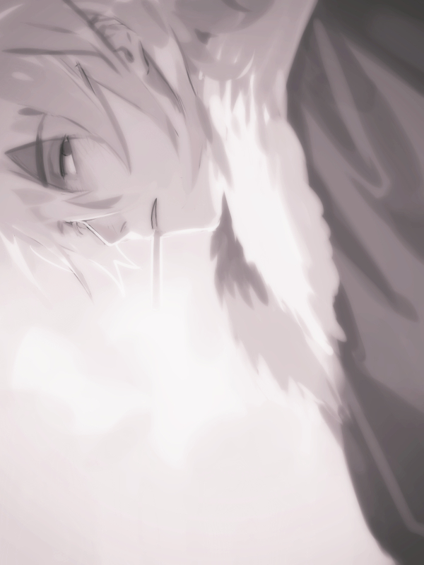 1boy, frown, fur-trimmed_jacket, fur_trim, grey_background, greyscale, hair_between_eyes, isoi_reiji