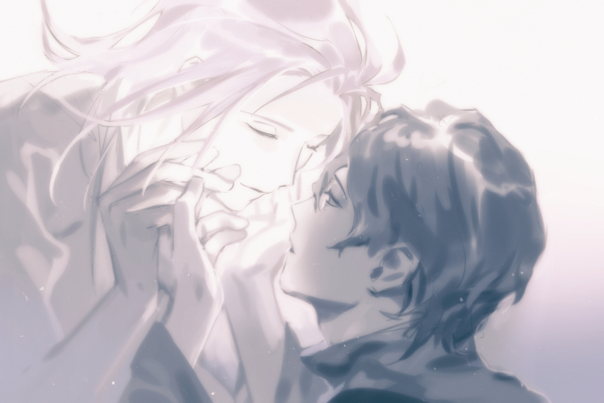 2boys, closed_eyes, gradient_background, greyscale, hands_on_another's_cheeks, hands_on_another's_face, hatsutori_hajime, light_particles