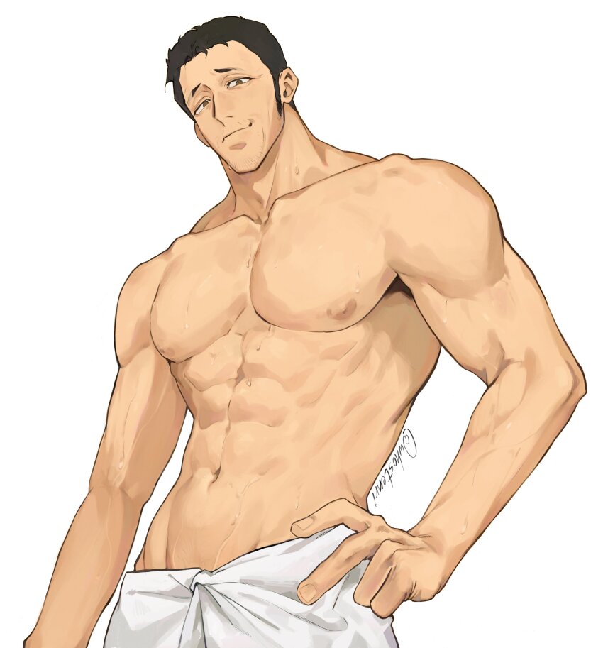 1boy, abs, absurdres, aged_down, artist_name, bara, black_hair, brown_eyes