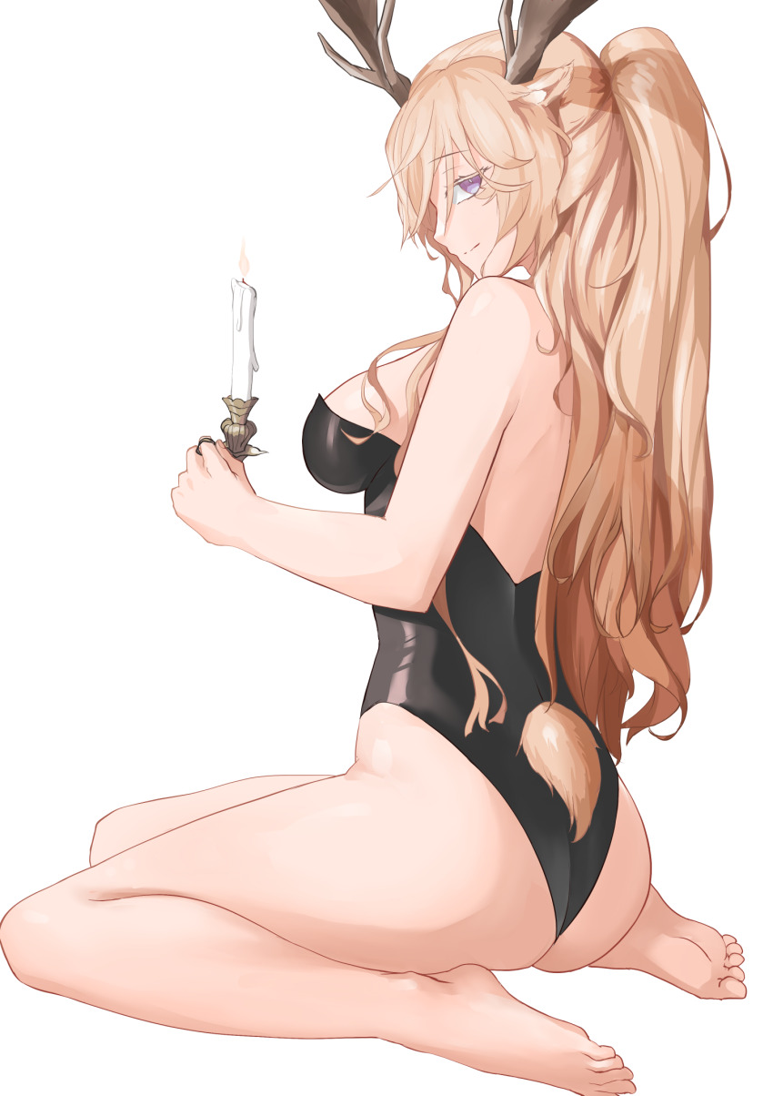 1girl, alternate_costume, antlers, arknights, ass, bare_arms, bare_shoulders, barefoot, black_leotard, blonde_hair, candle, chinese_commentary, closed_mouth, commentary, feet, full_body, highres, holding, holding_candle, horns, leotard, long_hair, looking_at_viewer, neti_(cpu11151), playboy_bunny, profile, purple_eyes, simple_background, sitting, smile, soles, solo, strapless, strapless_leotard, tail, toes, viviana_(arknights), wariza, white_background, yellow_tail