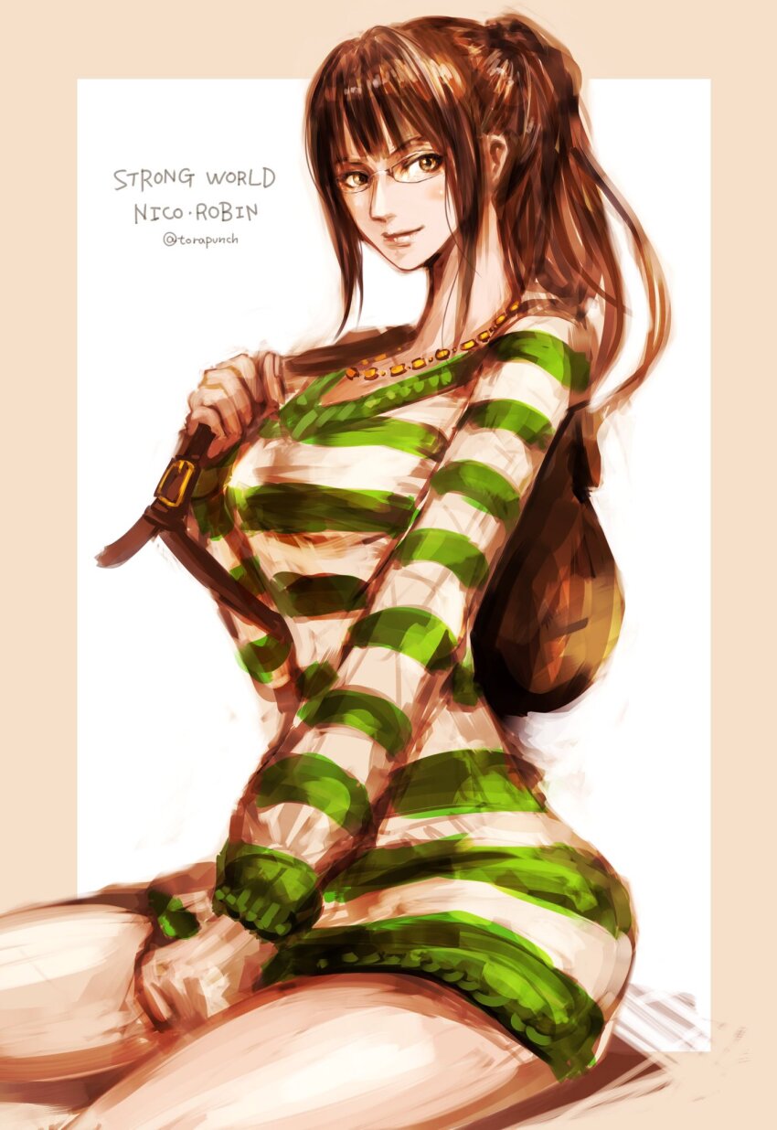 1girl, bag, black_hair, blunt_bangs, brown_hair, character_name, closed_mouth, commentary_request, dress, glasses, green_dress, highres, jewelry, long_sleeves, necklace, nico_robin, one_piece, one_piece:_strong_world, ponytail, shoulder_bag, sidelocks, smile, solo, striped_clothes, striped_dress, torapunch, twitter_username, white_hair