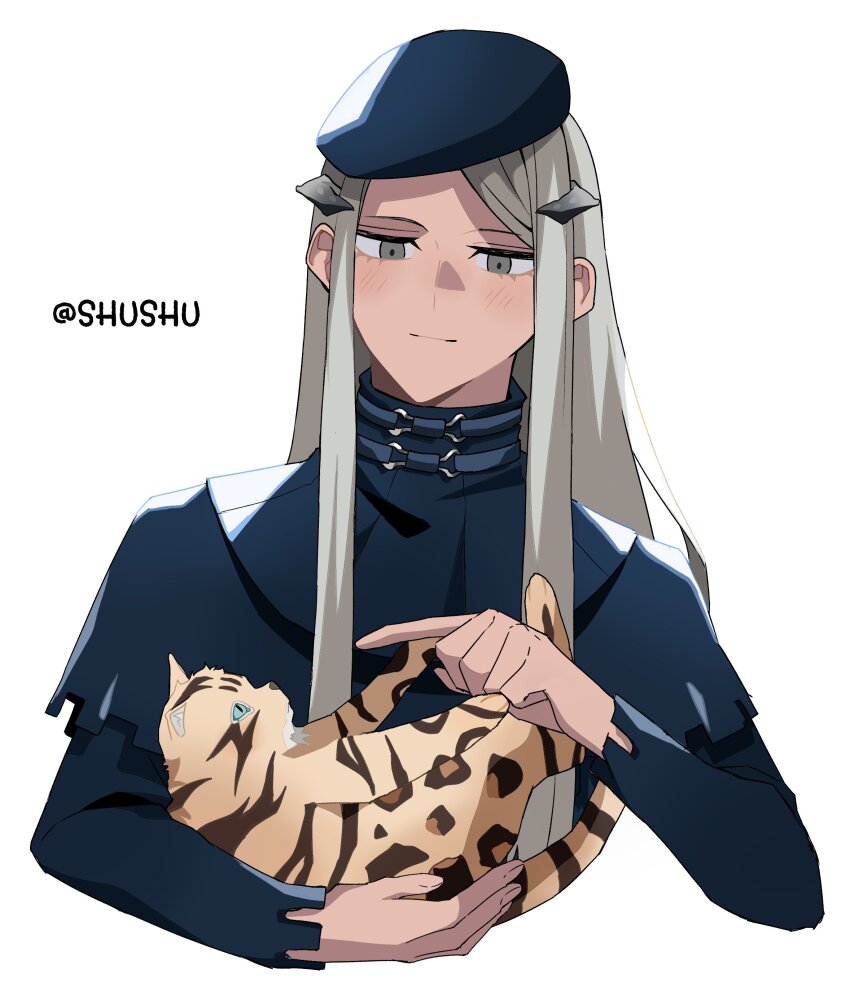 1boy, absurdres, animal, artist_name, blue_hat, blush, bonnet, cat