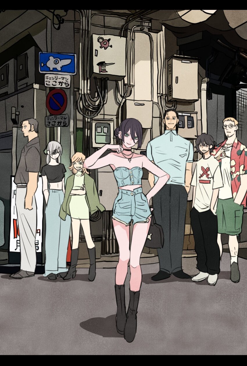 3girls, 4boys, barem_(chainsaw_man), black_footwear, black_hair, black_shirt, blonde_hair, boots