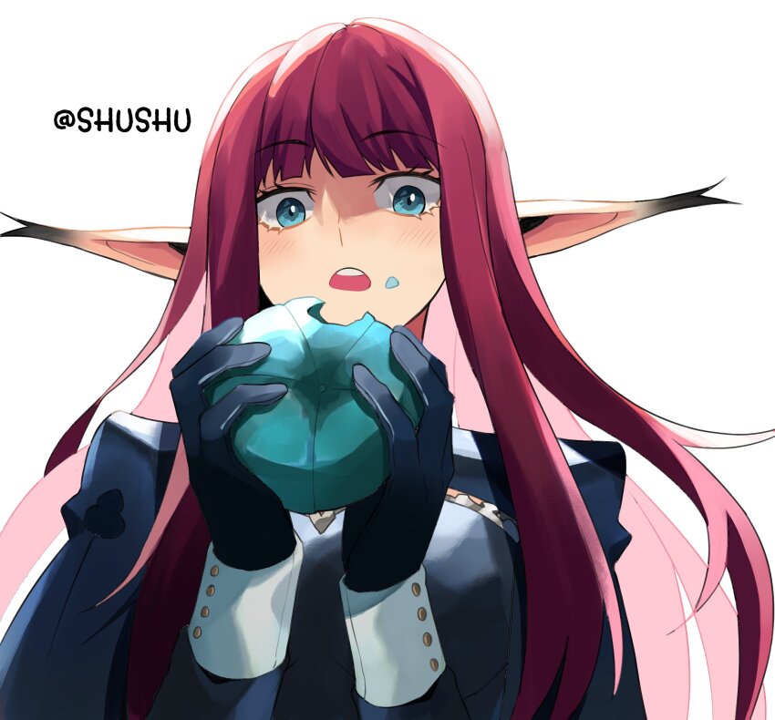 1girl, artist_name, black_gloves, blue_eyes, blunt_bangs, blush, commentary, english_commentary, eyelashes, food, food_on_face, from_below, gloves, hair_ears, highres, hime_cut, holding, hulkenberg_(metaphor:_refantazio), jacket, long_hair, long_pointy_ears, long_sleeves, looking_at_food, looking_at_viewer, metaphor:_refantazio, open_mouth, pink_hair, pointy_ears, red_hair, shushu, simple_background, solo, surprised, twitter_username, upper_body, white_background