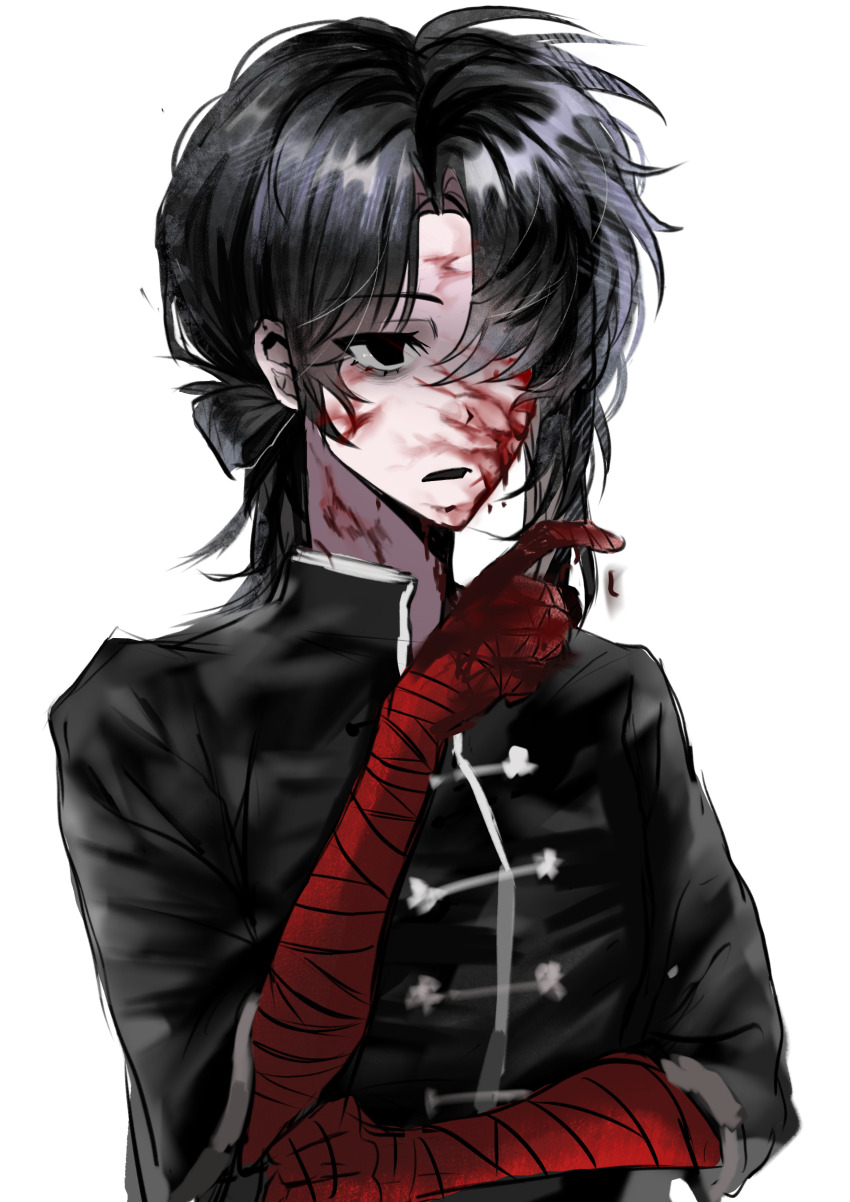 1girl, absurdres, bandaged_arm, bandages, black_eyes, black_hair, black_shirt, blood