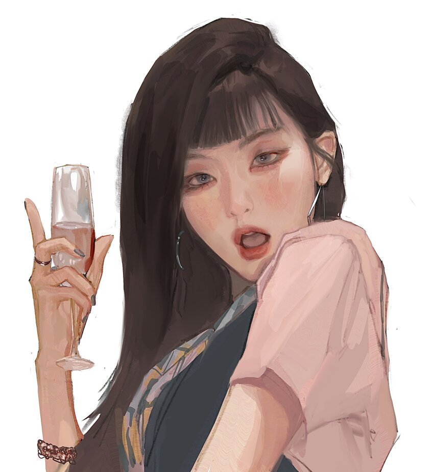 1girl, black_nails, blunt_bangs, bracelet, brown_hair, cup, dorcas1004, earrings