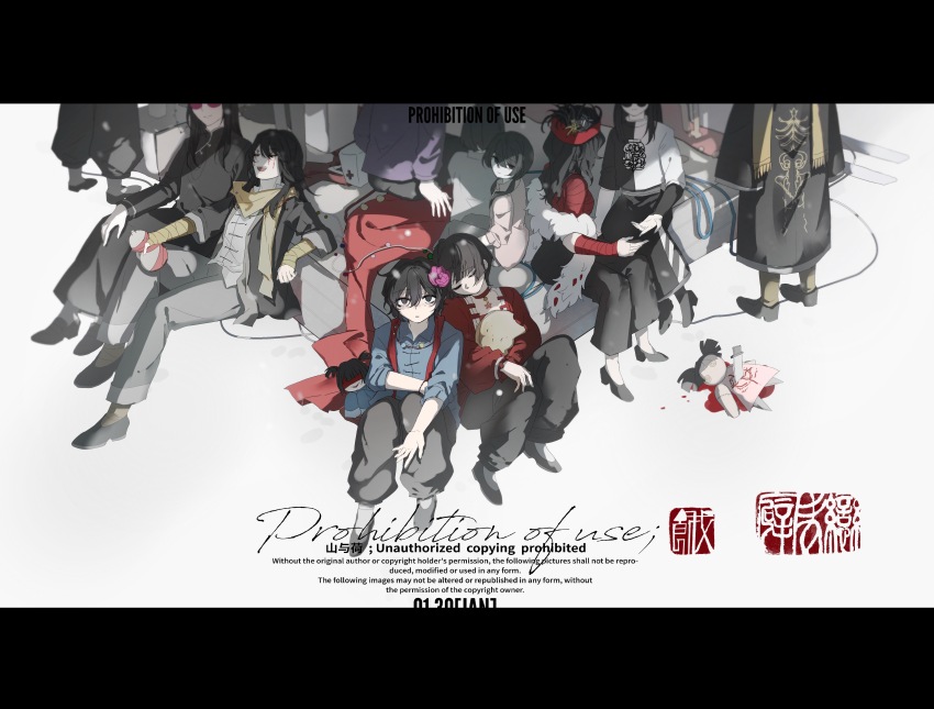 1girl, 6+boys, absurdres, black_coat, black_hair, black_pants, black_shoes, blood