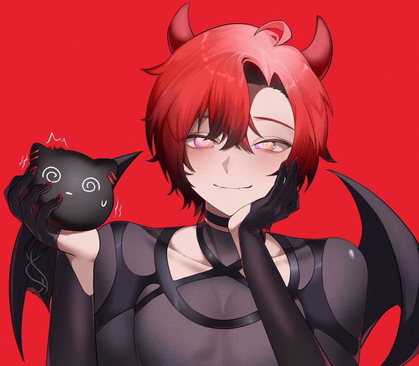 1boy, @_@, absurdres, ahoge, bishounen, black_gloves, blush, choker, collarbone, creature, demon_boy, demon_horns, demon_wings, fangs, fangs_out, gloves, hair_between_eyes, half-closed_eyes, hand_on_own_face, hashtag-only_commentary, highres, holding, holding_creature, holostars, holostars_english, horns, looking_at_viewer, machina_x_flayon, machina_x_flayon_(1st_costume), machiroon_(machina_x_flayon), male_focus, nesaki, pectorals, red_background, red_hair, short_hair, side_part, simple_background, smile, solo, trembling, upper_body, virtual_youtuber, wings