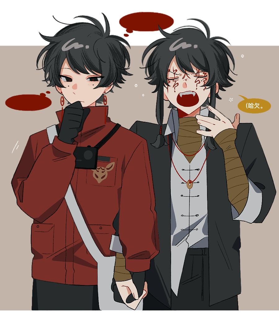 2boys, bag, bandaged_arm, bandaged_neck, bandages, black_eyes, black_gloves, black_hair