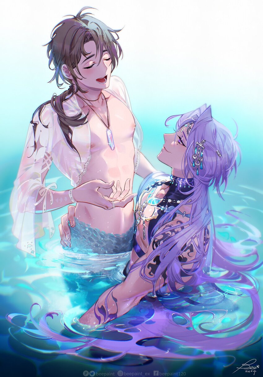 2boys, absurdly_long_hair, arm_around_another's_waist, beepaint, blue_gem, brown_hair, chinese_commentary, closed_eyes