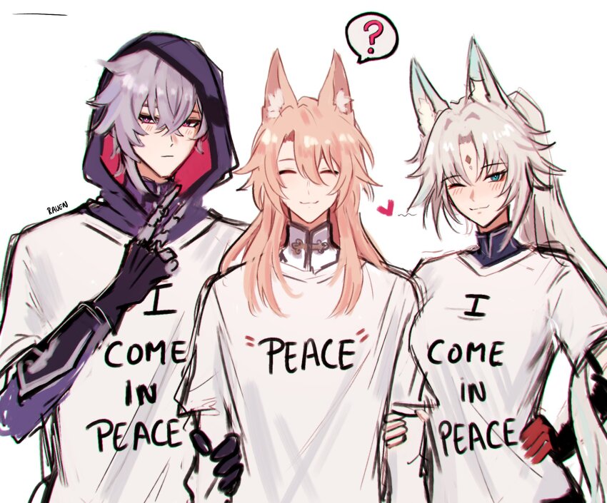 1girl, 2boys, ?, animal_ear_fluff, animal_ears, arms_at_sides, bisexual_male, blush, closed_eyes, closed_mouth, clothes_writing, clueless, facing_viewer, feixiao_(honkai:_star_rail), forehead_jewel, gloves, grabbing_another's_arm, grey_hair, hair_between_eyes, hand_on_own_hip, hand_up, heart, hetero, high_ponytail, highres, honkai:_star_rail, honkai_(series), hood, hood_up, implied_bisexual, inward_v, jhenny345, jiaoqiu_(honkai:_star_rail), layered_sleeves, long_hair, long_sleeves, looking_at_viewer, moze_(honkai:_star_rail), multiple_boys, one_eye_closed, parted_bangs, pink_hair, ponytail, short_hair, short_over_long_sleeves, short_sleeves, side-by-side, simple_background, sketch, spanish_commentary, spoken_question_mark, v, white_background