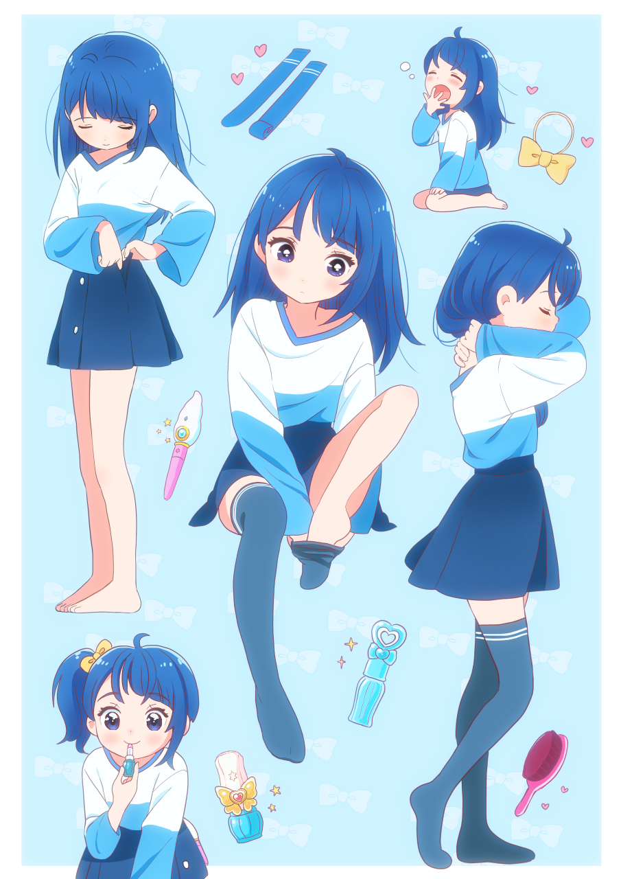 1girl, adjusting_clothes, adjusting_hair, adjusting_legwear, adjusting_skirt, applying_lipstick, applying_makeup, barefoot