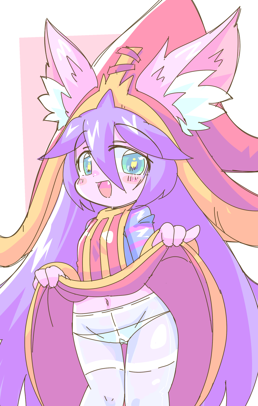 1girl, animal_ears, blue_shirt, blush, clothes_lift, colored_skin, dot_nose, dress, dress_lift, fang, feet_out_of_frame, female_focus, flat_chest, green_eyes, hair_between_eyes, hat, highres, kayo!!_(gotoran), league_of_legends, lifting_own_clothes, loli, long_hair, long_sleeves, lulu_(league_of_legends), navel, open_mouth, panties, panties_under_pantyhose, pantyhose, pink_background, pink_skin, purple_hair, purple_shirt, red_dress, red_hat, shirt, simple_background, sleeveless, sleeveless_dress, smile, solo, standing, striped_clothes, striped_shirt, two-tone_background, two-tone_dress, two-tone_hat, two-tone_shirt, underwear, variant_set, very_long_hair, white_background, white_pantyhose, yellow_dress, yellow_hat