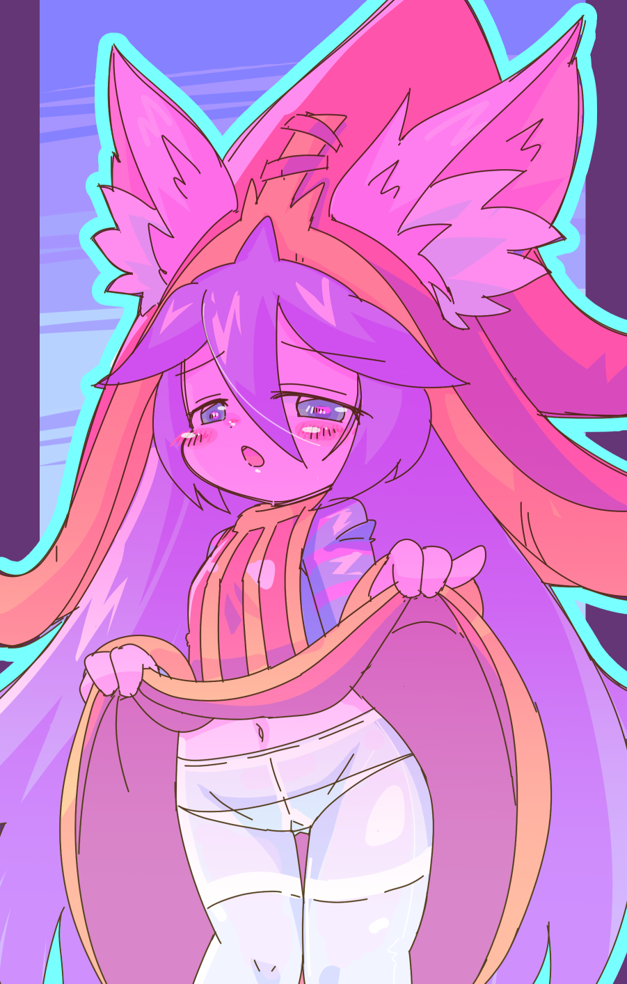 1girl, animal_ears, blue_background, blue_shirt, blush, clothes_lift, colored_skin, dot_nose, dress, dress_lift, excited, feet_out_of_frame, female_focus, flat_chest, green_eyes, hair_between_eyes, half-closed_eyes, hat, heart, heart-shaped_pupils, highres, kayo!!_(gotoran), league_of_legends, lifting_own_clothes, loli, long_hair, long_sleeves, lulu_(league_of_legends), navel, open_mouth, panties, panties_under_pantyhose, pantyhose, pink_skin, purple_background, purple_hair, purple_shirt, red_dress, red_hat, shirt, simple_background, sleeveless, sleeveless_dress, solo, standing, striped_clothes, striped_shirt, symbol-shaped_pupils, two-tone_background, two-tone_dress, two-tone_hat, two-tone_shirt, underwear, variant_set, very_long_hair, white_pantyhose, yellow_dress, yellow_hat