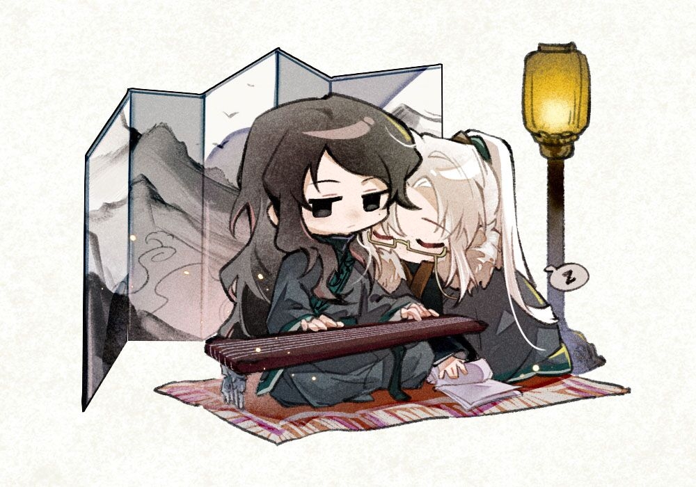 2boys, black_coat, black_eyes, black_hair, carpet, chinese_commentary, closed_eyes, closed_mouth