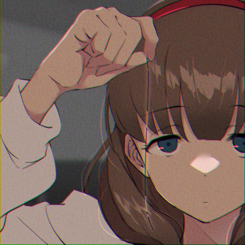 1girl, blue_eyes, brown_hair, close-up, expressionless, film_grain, hairband, highres, holding_another's_hair, idolmaster, idolmaster_cinderella_girls, looking_at_viewer, loose_hair_strand, nanananananasea, sakuma_mayu, solo, staring, upper_body, yandere