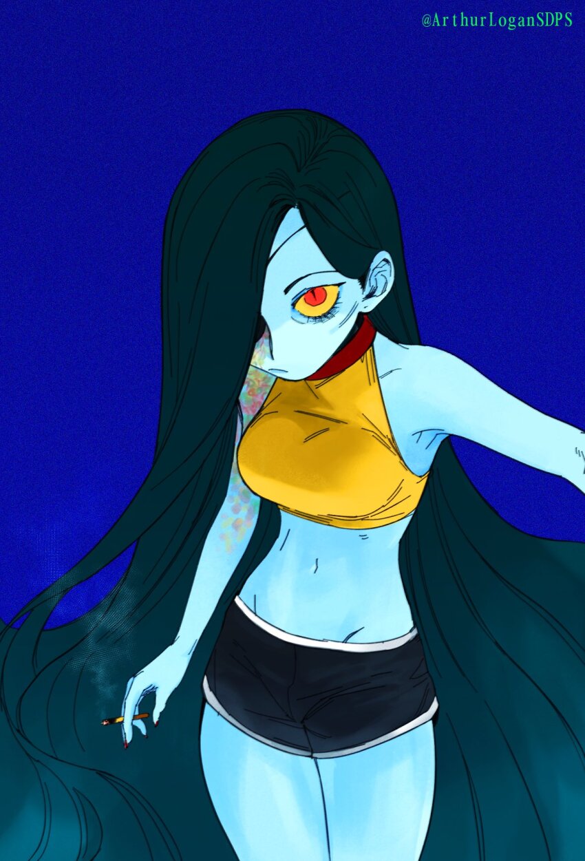 1girl, arthurlogansdps, blue_background, blue_hair, blue_skin, colored_sclera, colored_skin, commentary_request, cowboy_shot, crop_top, highres, korean_commentary, long_hair, looking_at_viewer, original, red_eyes, shorts, simple_background, slit_pupils, solo, very_long_hair, yellow_sclera