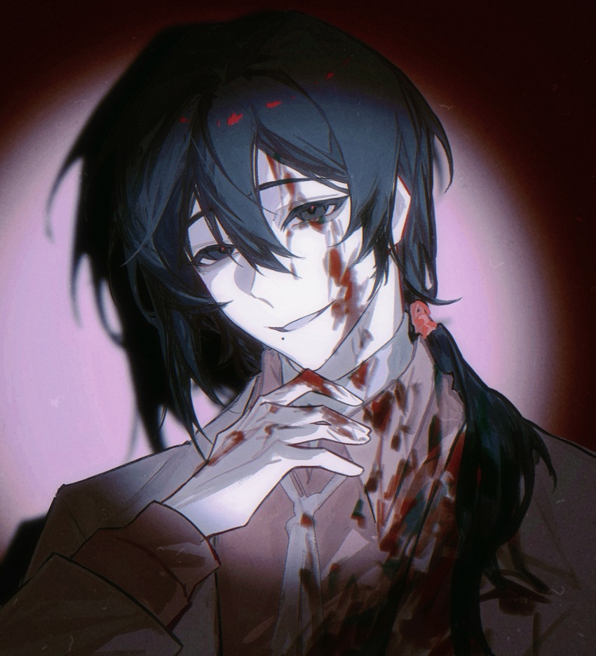 1boy, black_eyes, black_hair, blood, blood_on_clothes, blood_on_face, blood_on_hands, blood_on_neck