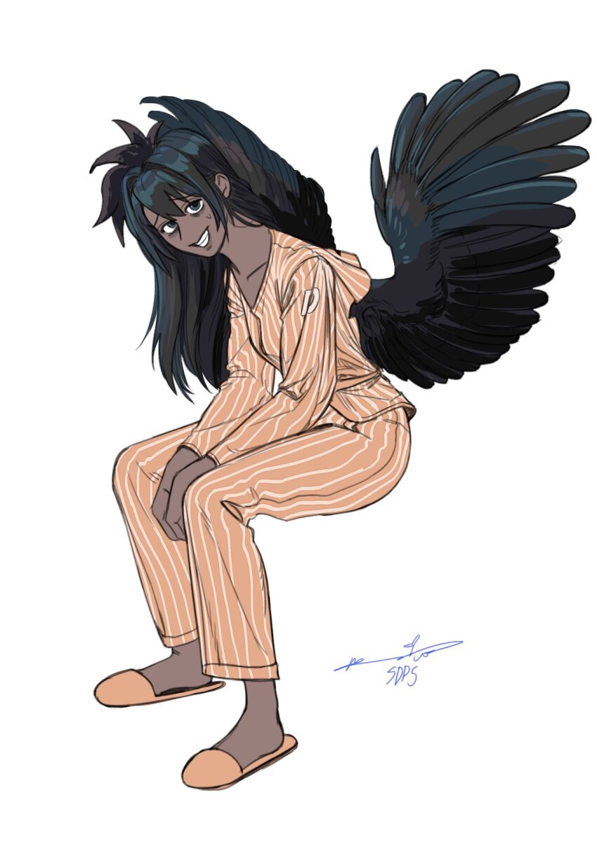 1girl, arthurlogansdps, bird_girl, bird_wings, black_eyes, black_hair, black_wings, commentary_request