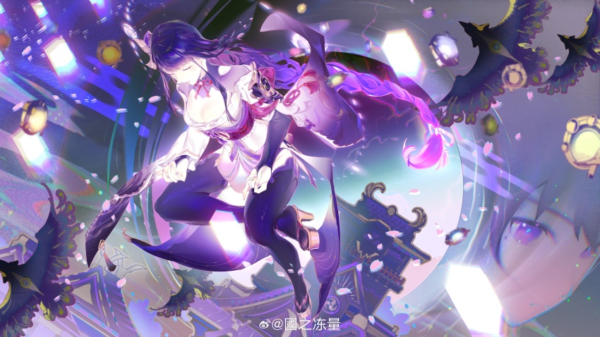 1girl, absurdres, animal, architecture, armor, asymmetrical_sleeves, bird, black_thighhighs