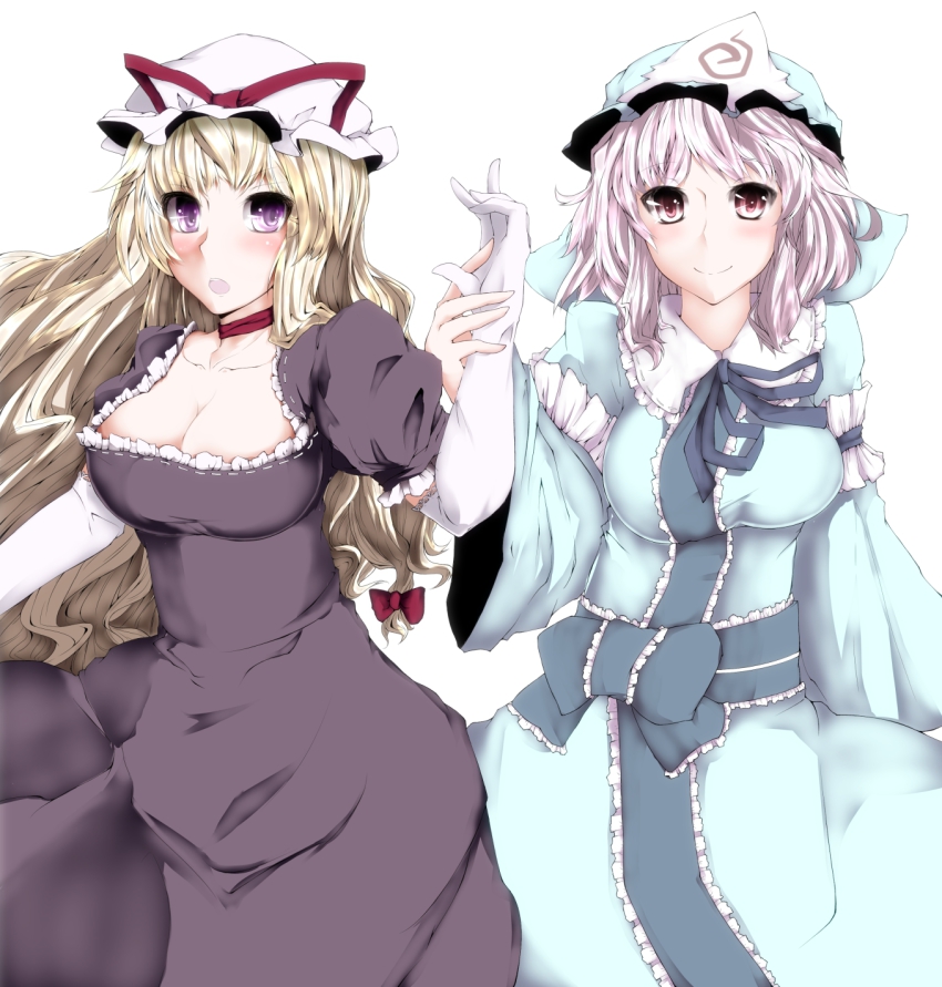 2girls, blonde_hair, breasts, cleavage, dress, female_focus, gap_(touhou), ghost, hat, highres, japanese_clothes, kinou_no_shika, kinounosika, long_hair, multiple_girls, pink_eyes, pink_hair, purple_eyes, saigyouji_yuyuko, touhou, yakumo_yukari