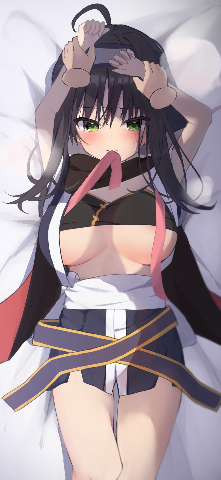 1girl, absurdres, ahoge, arms_up, aroused, bed_sheet, black_bra, black_scarf