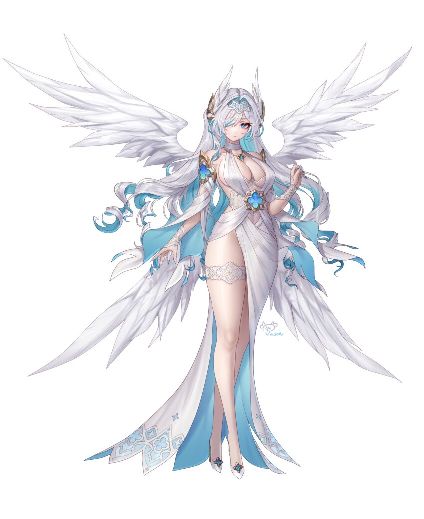 1girl, bare_shoulders, blue_dress, blue_eyes, blue_hair, blue_nails, breasts, closed_mouth