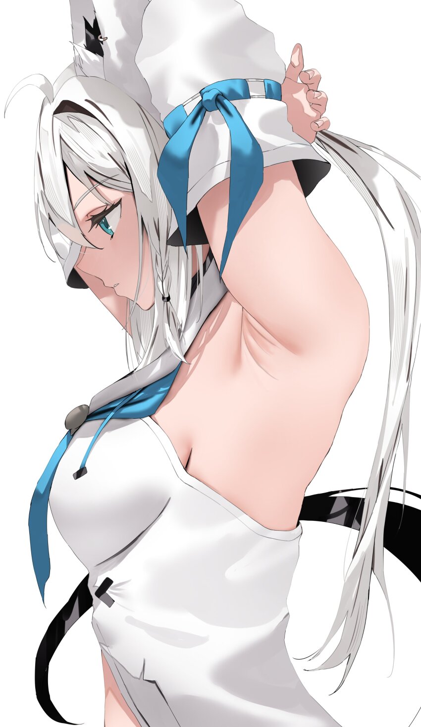 1girl, absurdres, ahoge, animal_ear_piercing, animal_ears, armpits, arms_up, black_ribbon, blue_eyes, blue_neckerchief, braid, breasts, commentary_request, detached_sleeves, double-parted_bangs, fox_ears, from_side, front_slit, hair_between_eyes, hair_ribbon, highres, hololive, hood, hood_down, hooded_vest, hoodie, impossible_clothes, impossible_vest, long_hair, looking_ahead, low_ponytail, medium_breasts, neckerchief, nekoshima_kaede, ponytail, presenting_armpit, profile, ribbon, ribbon-trimmed_sleeves, ribbon_trim, shirakami_fubuki, shirakami_fubuki_(1st_costume), side_braid, sidelocks, simple_background, solo, strapless, stretching, torn_clothes, vest, virtual_youtuber, white_background, white_hair, white_sleeves
