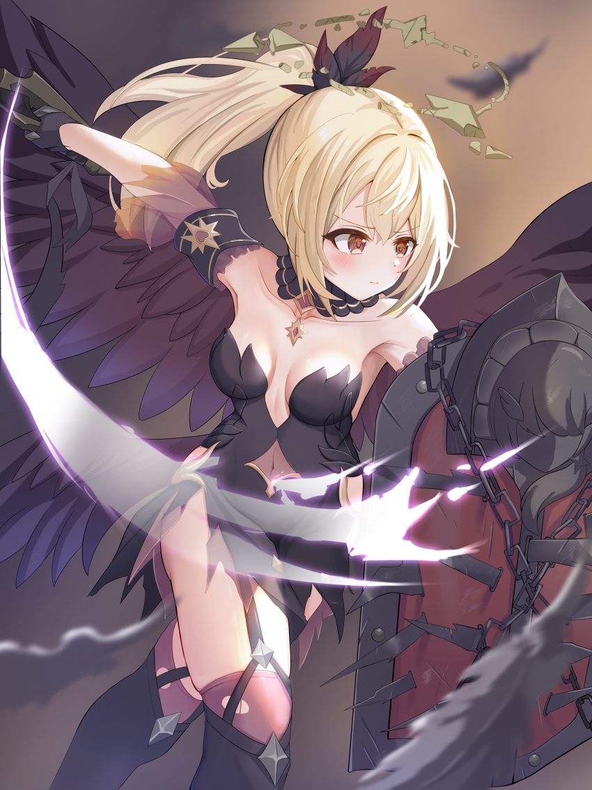 1girl, absurdres, armband, black_dress, black_wings, blonde_hair, breasts, broken_halo