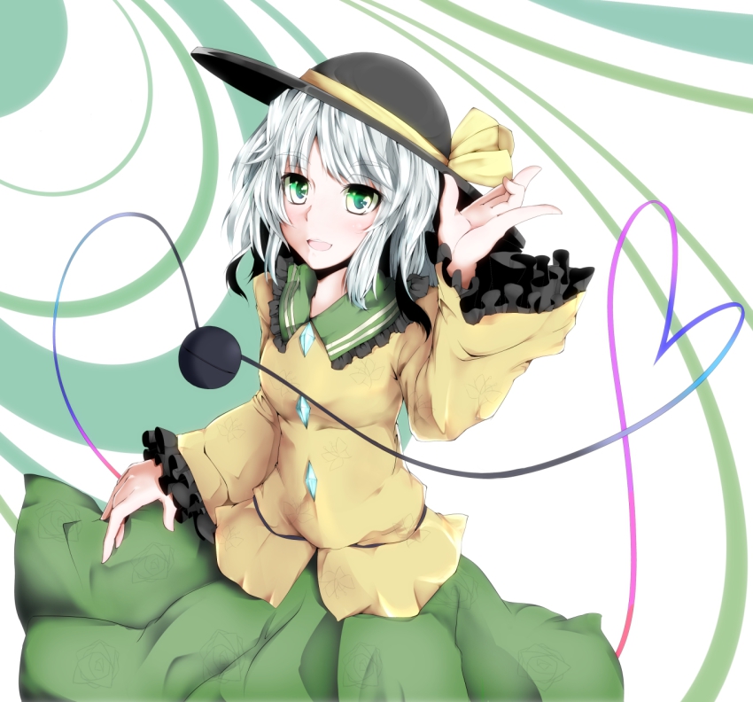 1girl, blush, eyeball, female_focus, green_eyes, green_hair, hat, heart