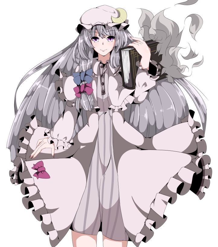 1girl, blush, book, crescent, female_focus, hair_ribbon, hat, kinou_no_shika