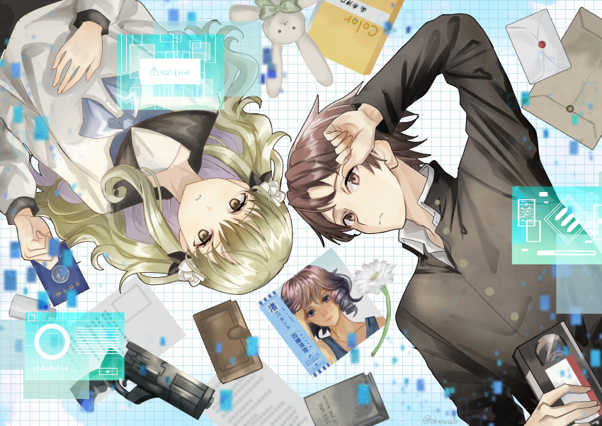 1boy, 1girl, absurdres, arm_up, blonde_hair, book, brown_eyes, brown_hair