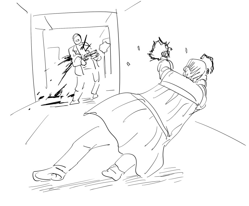 2boys, bb_(baalbuddy), coat, dual_wielding, firing, greyscale, gun, hallway