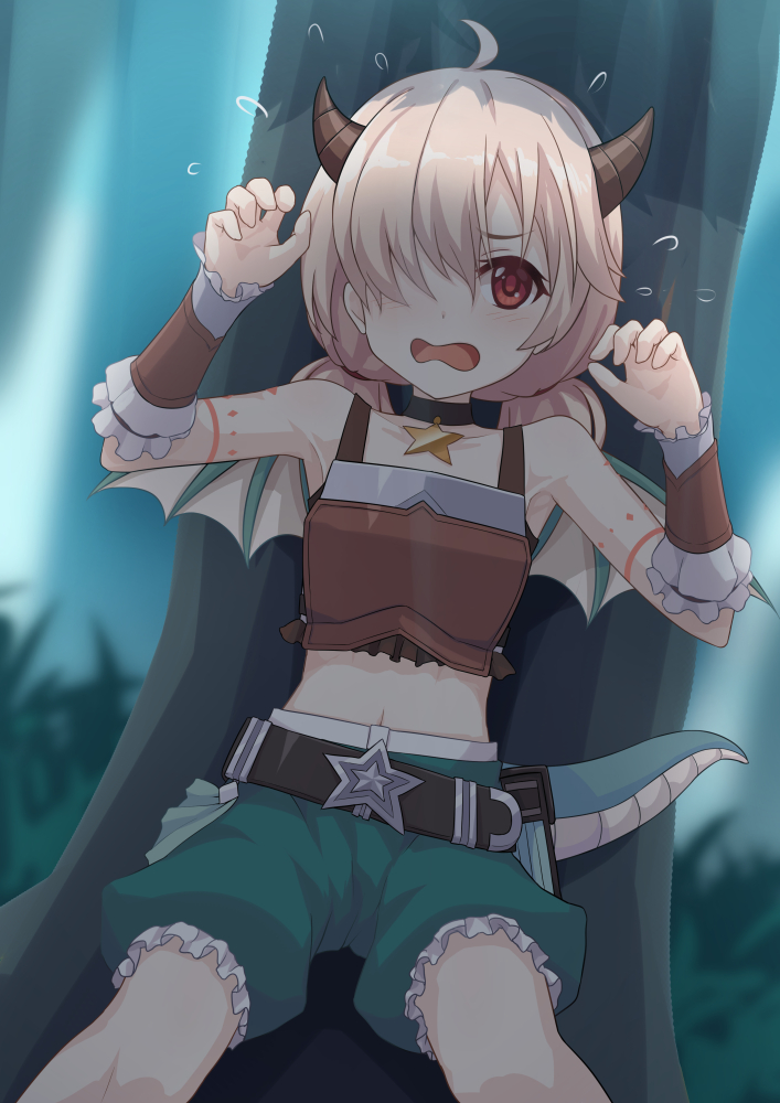 1girl, ahoge, belt, dragon_girl, dragon_horns, dragon_tail, dragon_wings, hair_over_one_eye