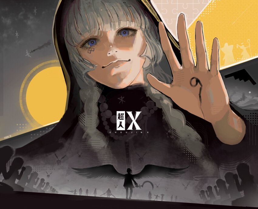 absurdres, black_hoodie, black_wings, blue_eyes, choujin_x, cross_tattoo, facial_mark, feathered_wings