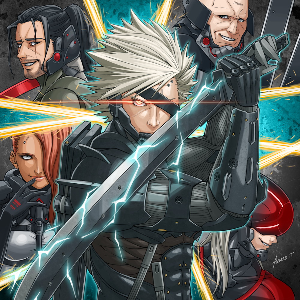 1girl, 4boys, armor, azusa_tanaka, barcode, barcode_tattoo, beard, black_gloves