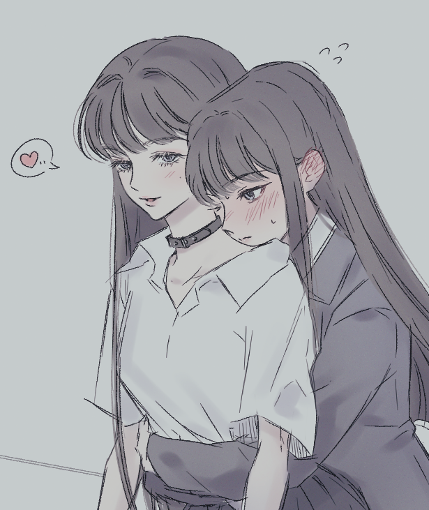 2girls, 926hrdn, animification, black_collar, black_hair, black_jacket, black_skirt, blush, collar, collarbone, collared_shirt, commentary_request, danielle_(newjeans), ear_blush, grey_eyes, haerin_(newjeans), hair_behind_ear, heart, jacket, k-pop, korean_commentary, long_hair, looking_at_viewer, multiple_girls, newjeans, one_eye_closed, parted_lips, real_life, shirt, skirt, speech_bubble, spoken_heart, very_long_hair, white_shirt, yuri