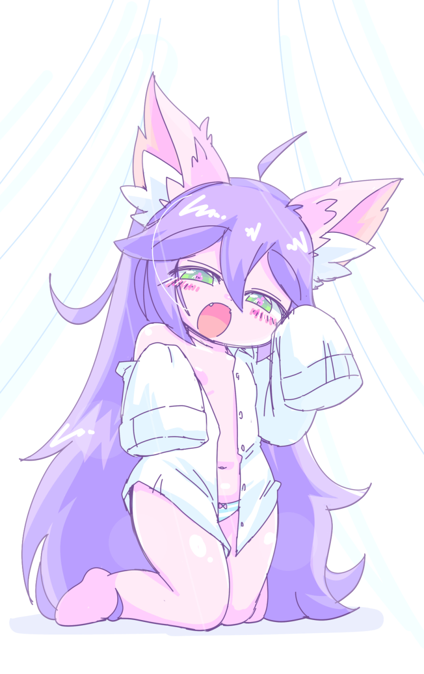 1girl, animal_ears, bare_legs, barefoot, blue_panties, blush, chibi, colored_skin, dot_nose, eyebrows, fang, female_focus, flat_chest, full_body, green_eyes, half-closed_eyes, hands_up, highres, kayo!!_(gotoran), kneeling, league_of_legends, loli, long_hair, looking_at_viewer, lulu_(league_of_legends), naked_shirt, naughty_face, navel, no_bra, open_clothes, open_mouth, open_shirt, panties, pink_skin, purple_hair, shirt, single_bare_shoulder, sleeves_past_fingers, sleeves_past_wrists, solo, striped_clothes, striped_panties, two-tone_panties, underwear, very_long_hair, white_panties, white_shirt, yordle