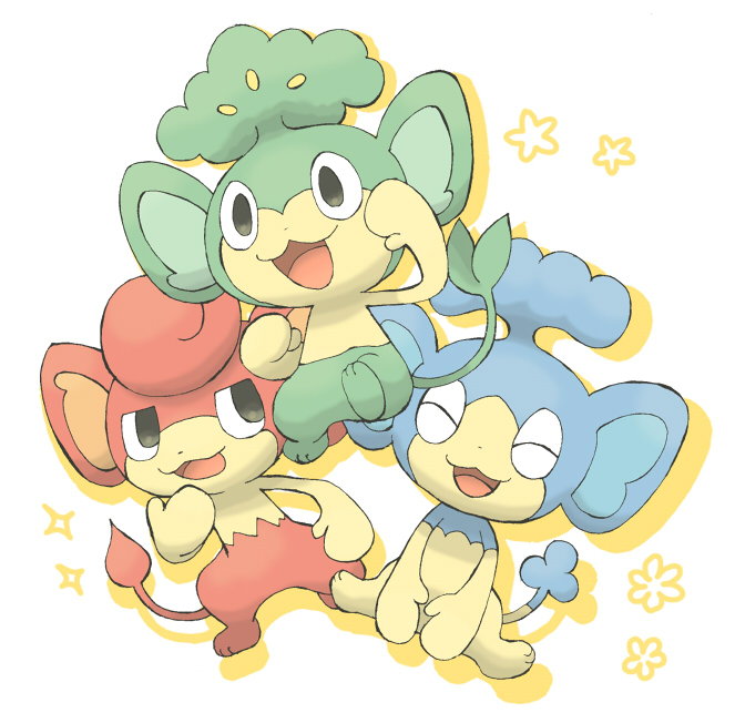 black_eyes, blue_hair, closed_eyes, gen_5_pokemon, green_hair, happy, nintendo, no_humans, panpour, pansage, pansear, pokemon, pokemon_(creature), red_hair, smile, tail, tayuta0, two-tone_fur