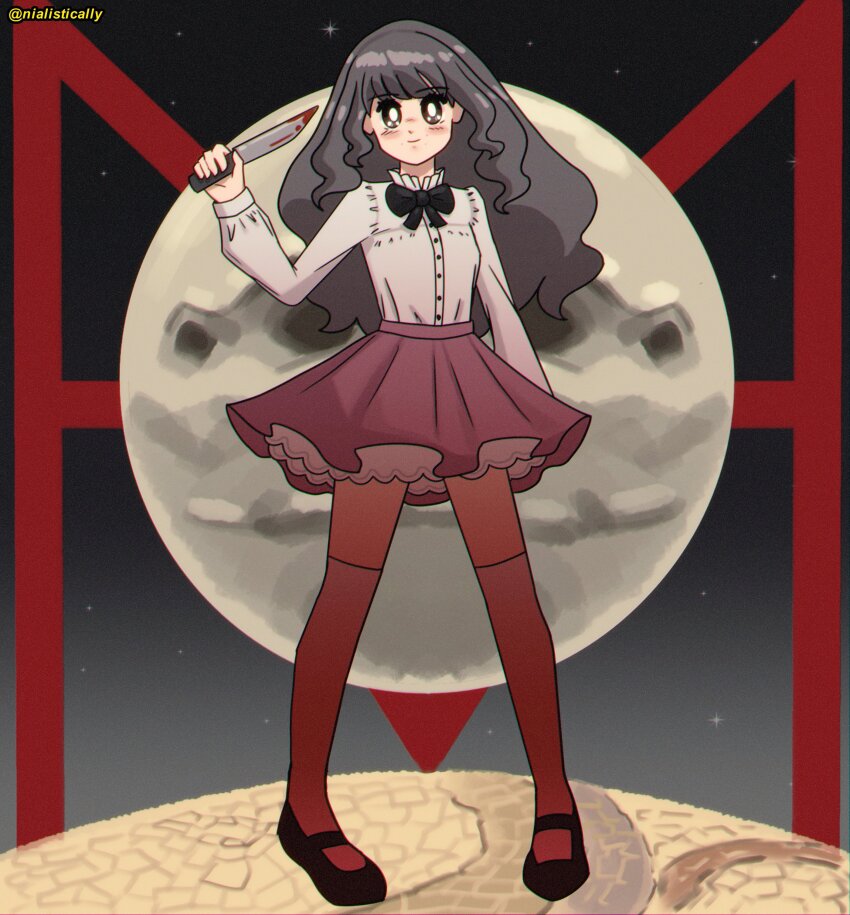 1990s_(style), 1girl, absurdres, alternate_skirt_length, black_eyes, black_ribbon, black_shoes, blood