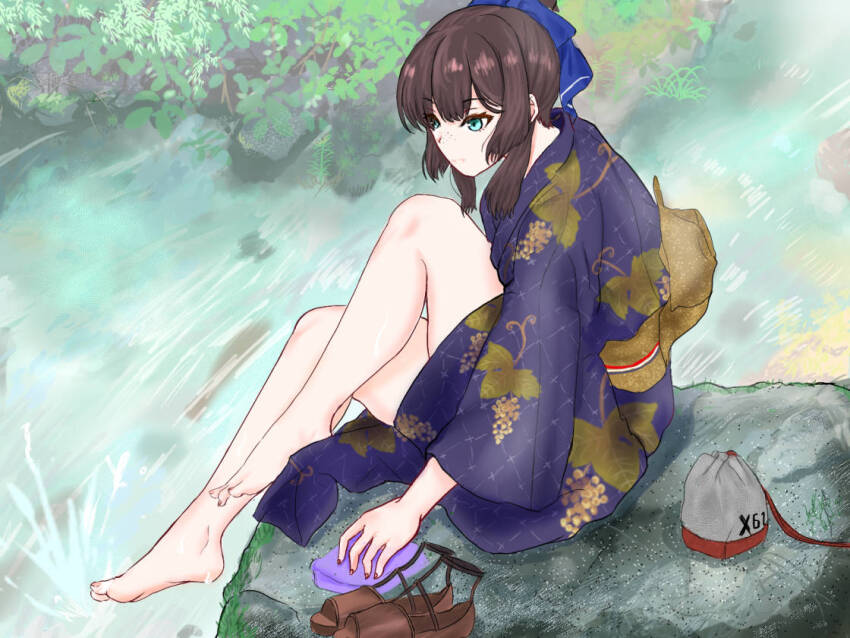 1girl, bag, barefoot, black_hair, blue_kimono, blue_ribbon, food_print, fruit_print, grape_print, green_eyes, hair_ribbon, japanese_clothes, joshua_(yoshuafocar1), kantai_collection, kimono, mogador_(kancolle), mogador_(yukata)_(kancolle), mogador_kai_(kancolle), ribbon, river, rock, sandals, satchel, sidelocks, soaking_feet, solo, unworn_sandals