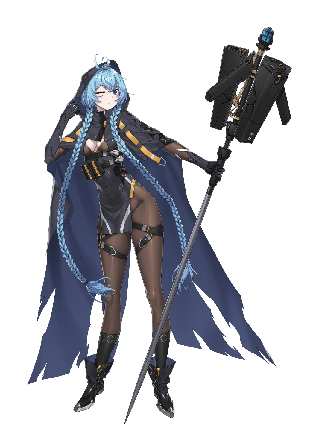 1girl, ;), adjusting_clothes, anila_(counter:side), antenna_hair, black_boots, black_cloak, black_socks, blue_cloak, blue_eyes, blue_hair, bodystocking, boots, braid, breasts, cloak, commentary, counter:side, english_commentary, hand_up, highres, holding, holding_staff, hood, hooded_cloak, long_hair, looking_at_viewer, mole, mole_on_breast, mole_under_mouth, official_art, one_eye_closed, pelvic_curtain, pouch, simple_background, small_breasts, smile, socks, solo, staff, standing, tachi-e, thigh_strap, torn_cloak, torn_clothes, transparent_background, twin_braids, two-sided_cloak, two-sided_fabric, very_long_hair