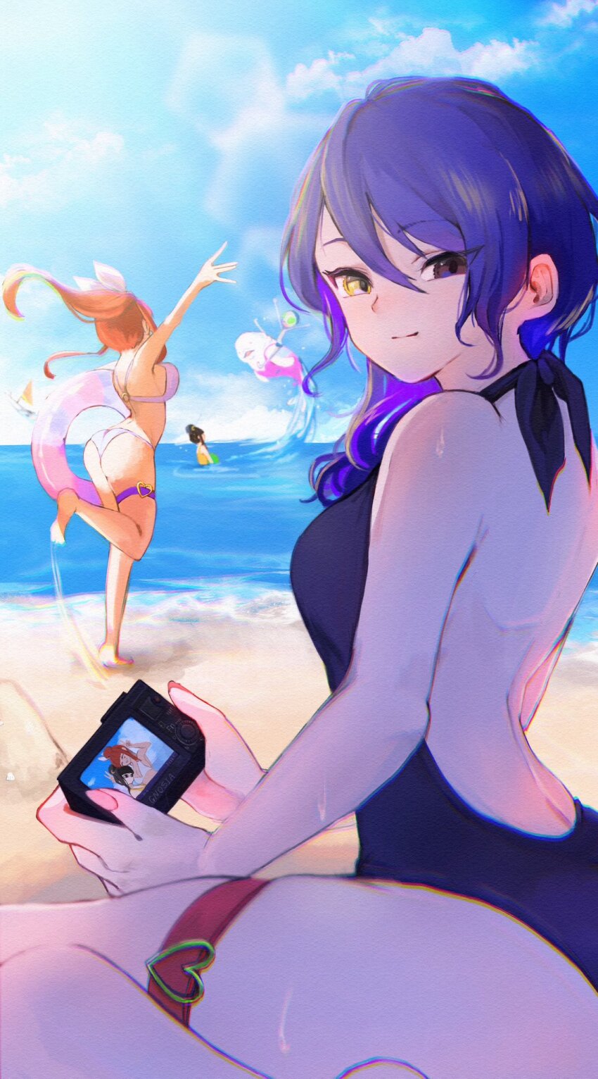 alternate_costume, alternate_hairstyle, ass, back, beach, beluga_whale, bikini, camera, gina_(gnosia), gnosia, hair_between_eyes, hair_bun, heterochromia, highres, koyuuuuuuuuuuu, long_hair, medium_hair, multiple_girls, otome_(gnosia), purple_hair, sky, sq_(gnosia), swimsuit, upper_body, water, wavy_hair, yuriko_(gnosia)