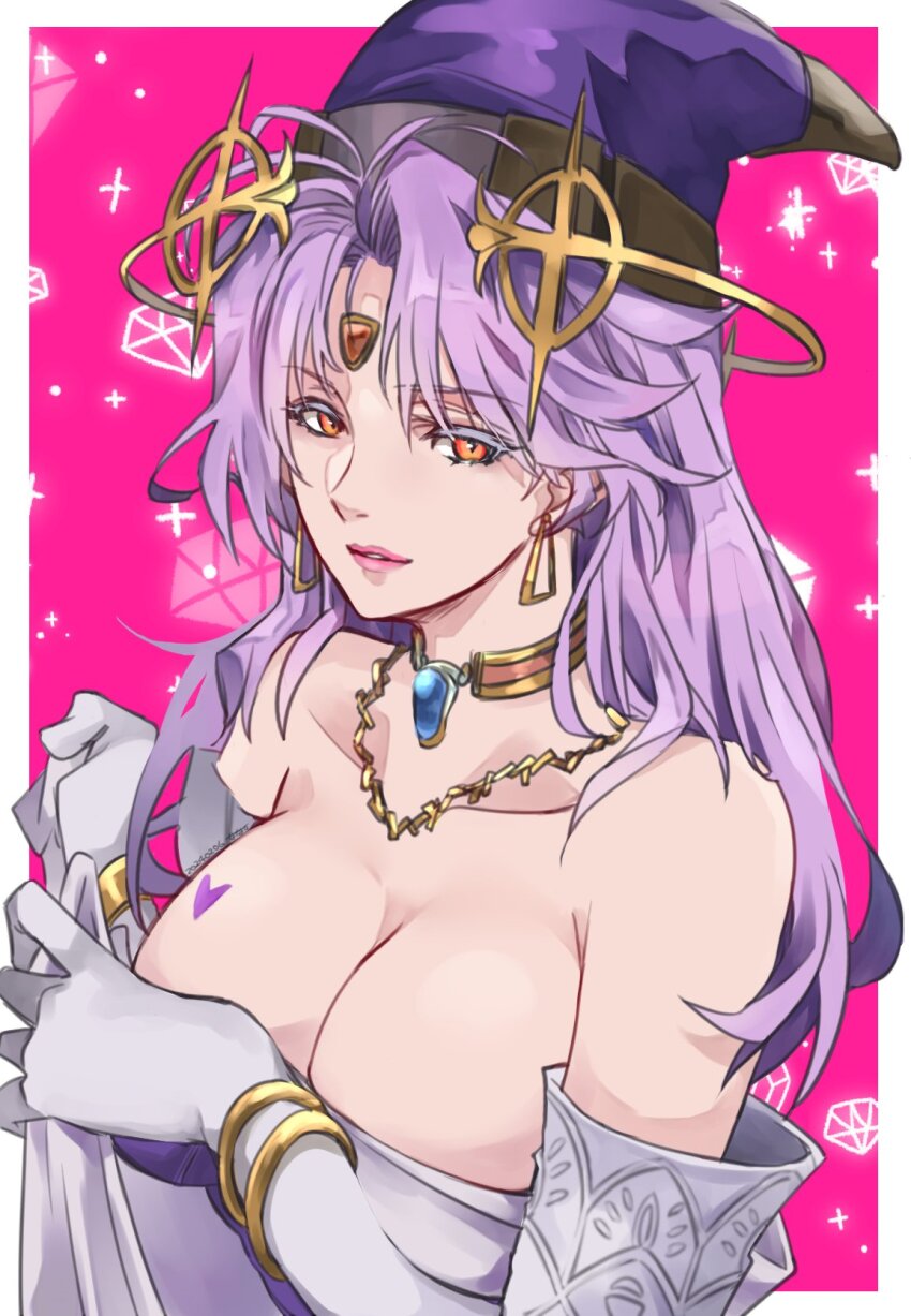 1girl, bare_shoulders, breast_tattoo, breasts, cape, celine_jules, cleavage, collarbone