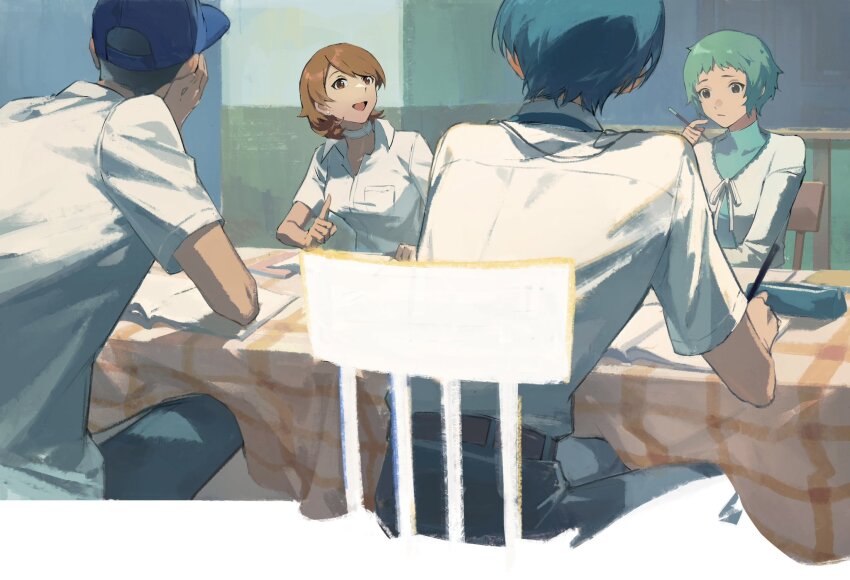 2boys, 2girls, aqua_hair, baseball_cap, black_hair, black_pants, blue_hair, blue_hat